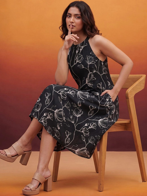 KALAMIR Floral Print Halter Neck A-Line Midi Dress - Image 5