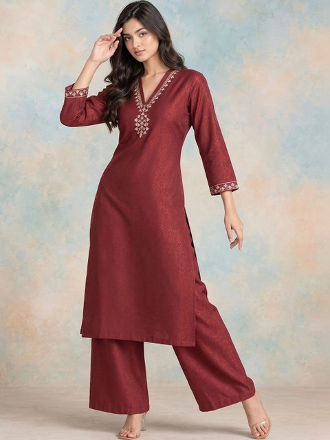HERE&NOW Women Ethnic Motifs Regular Thread Work Kurta with Palazzos - Image 3
