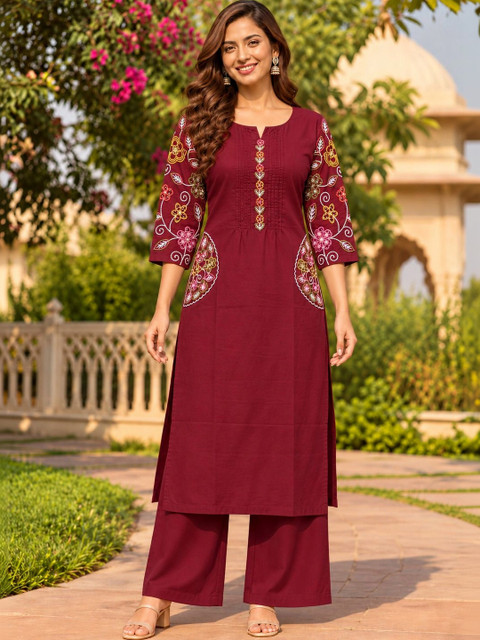 RANGZARI Women Floral Embroidered Regular Thread Work Pure Cotton Kurta with Palazzos & With Dupatta - Image 4