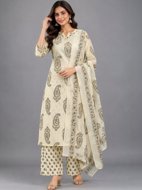RANGZARI Women Paisley Printed Regular Pure Cotton Kurta with Palazzos & With Dupatta