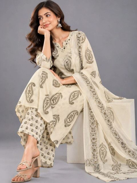 RANGZARI Women Paisley Printed Regular Pure Cotton Kurta with Palazzos & With Dupatta - Image 4
