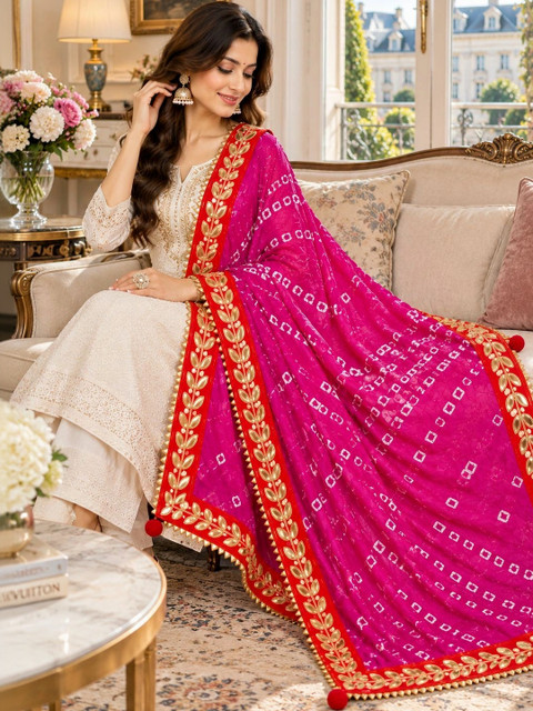 Phulkarigiri Printed Bandhani Dupatta with Gotta Patti - Image 3