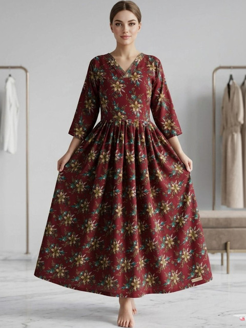 SELVIFAB Floral Print A-Line Maxi Dress