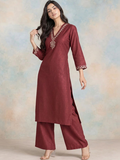 HERE&NOW Women Ethnic Motifs Regular Thread Work Kurta with Palazzos - Image 6