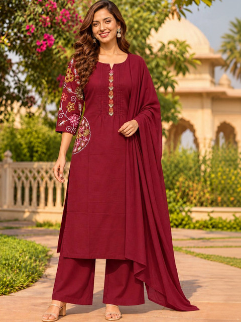RANGZARI Women Floral Embroidered Regular Thread Work Pure Cotton Kurta with Palazzos & With Dupatta