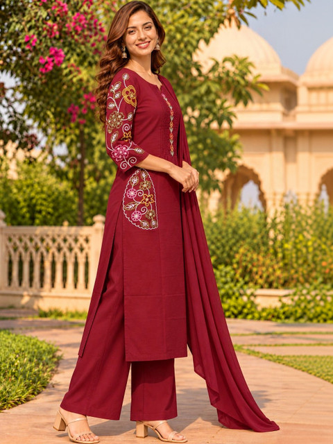 RANGZARI Women Floral Embroidered Regular Thread Work Pure Cotton Kurta with Palazzos & With Dupatta - Image 3