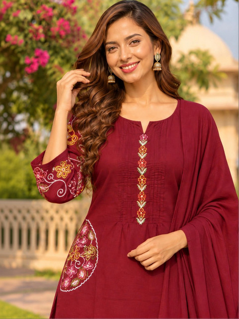 RANGZARI Women Floral Embroidered Regular Thread Work Pure Cotton Kurta with Palazzos & With Dupatta - Image 2