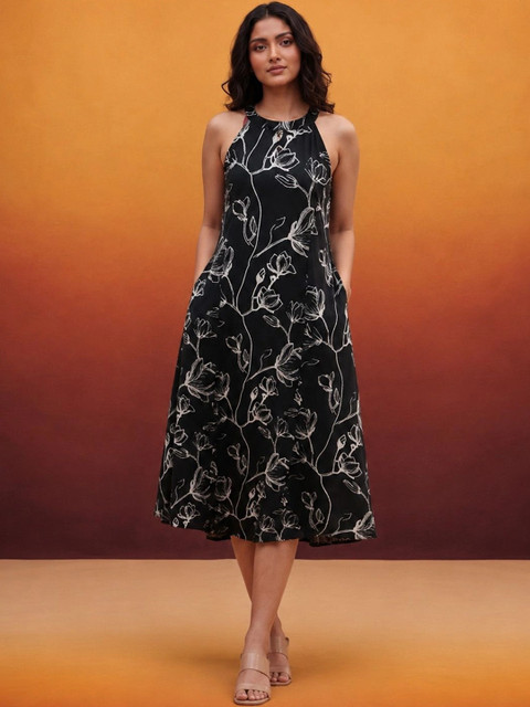 KALAMIR Floral Print Halter Neck A-Line Midi Dress