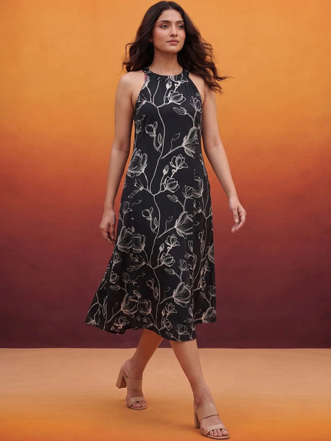 KALAMIR Floral Print Halter Neck A-Line Midi Dress - Image 3
