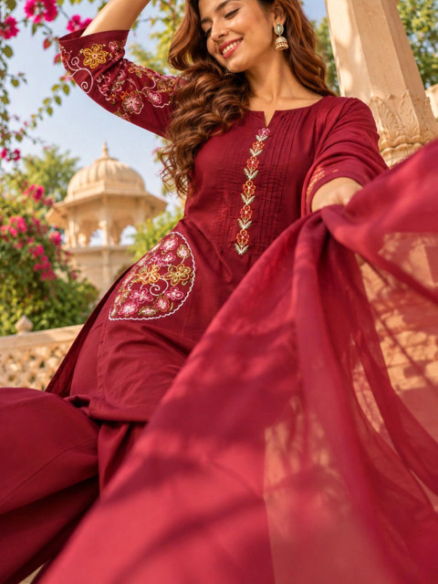 RANGZARI Women Floral Embroidered Regular Thread Work Pure Cotton Kurta with Palazzos & With Dupatta - Image 6