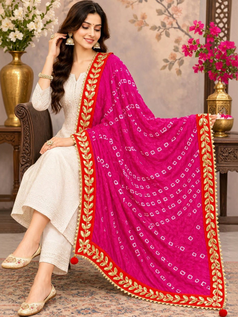 Phulkarigiri Printed Bandhani Dupatta with Gotta Patti