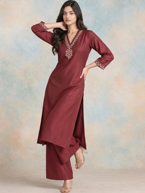 HERE&NOW Women Ethnic Motifs Regular Thread Work Kurta with Palazzos - Image 7