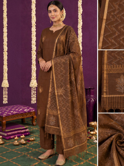KALINI Women Ethnic Motifs Embroidered Regular Thread Work Pure Cotton Kurta with Trousers & With Dupatta