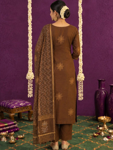 KALINI Women Ethnic Motifs Embroidered Regular Thread Work Pure Cotton Kurta with Trousers & With Dupatta - Image 6