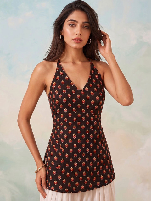 NAVYAAZRI Women Ethnic Motifs Printed Halter Neck Indie Prints Kurta - Image 5
