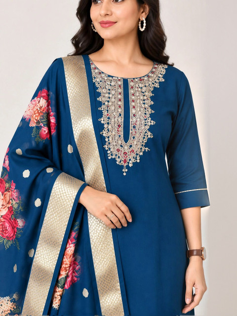 Anouk Rustic Women Floral Embroidered Regular Thread Work Kurta with Trousers & With Dupatta - Image 5