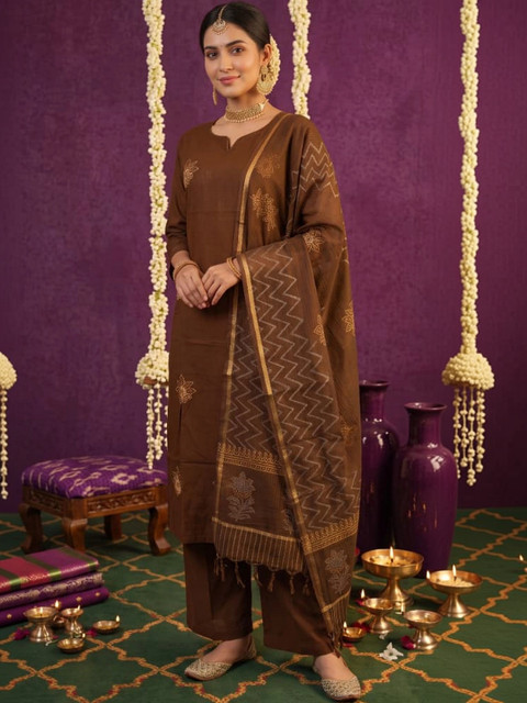 KALINI Women Ethnic Motifs Embroidered Regular Thread Work Pure Cotton Kurta with Trousers & With Dupatta - Image 3