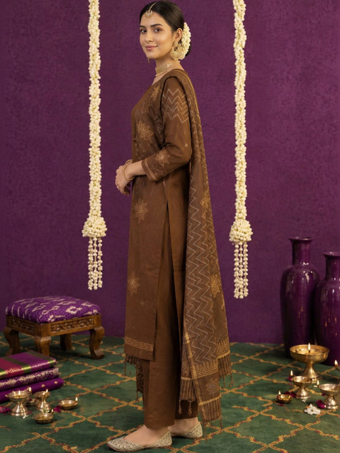 KALINI Women Ethnic Motifs Embroidered Regular Thread Work Pure Cotton Kurta with Trousers & With Dupatta - Image 4