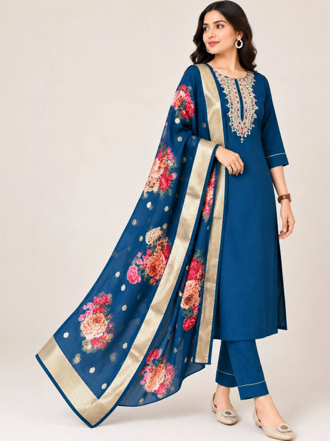Anouk Rustic Women Floral Embroidered Regular Thread Work Kurta with Trousers & With Dupatta - Image 4