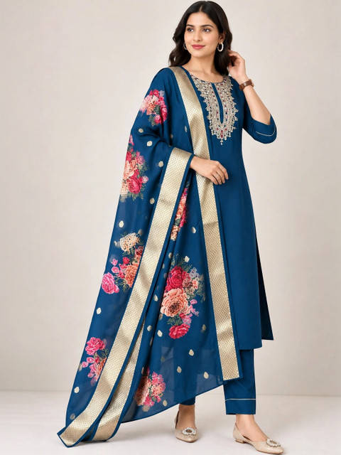 Anouk Rustic Women Floral Embroidered Regular Thread Work Kurta with Trousers & With Dupatta - Image 2