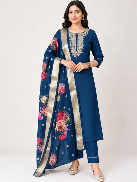 Anouk Rustic Women Floral Embroidered Regular Thread Work Kurta with Trousers & With Dupatta