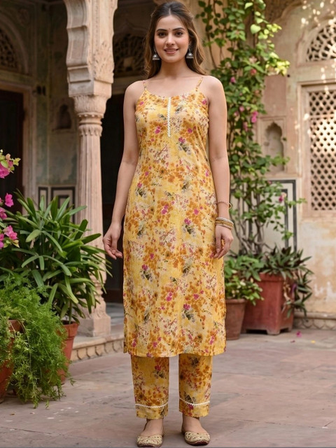 Meiraas Studios Women Floral Printed Pure Cotton Straight Kurta with Trousers