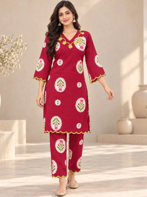 KALINI Women Floral Printed Pure Cotton Straight Kurta with Trousers