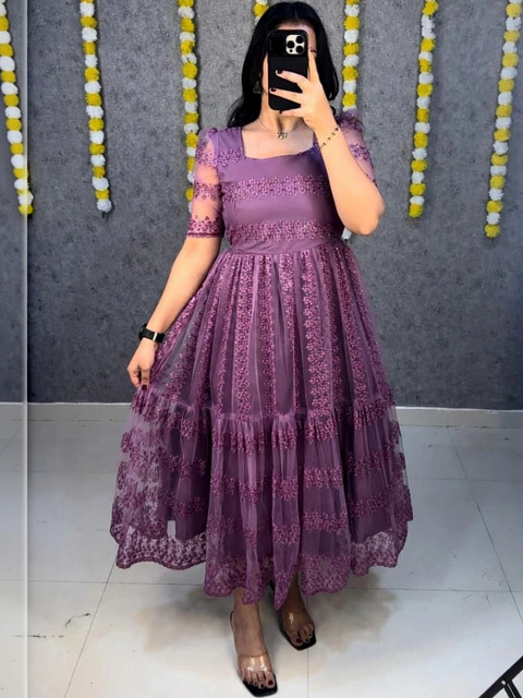 JAYAABEE Floral Embroidered Puff Sleeve Net A-Line Maxi Dress