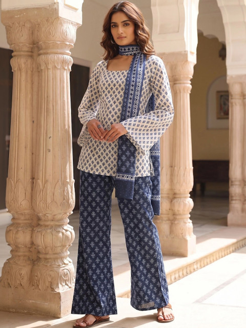 ASPORA Women Ethnic Motifs Printed Regular Pure Cotton Kurta with Palazzos & With Dupatta - Image 5