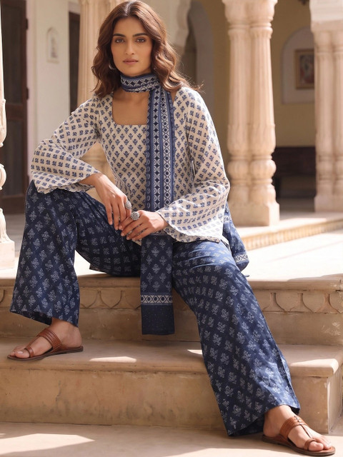 ASPORA Women Ethnic Motifs Printed Regular Pure Cotton Kurta with Palazzos & With Dupatta