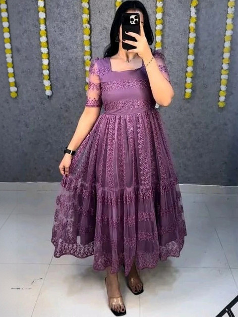JAYAABEE Floral Embroidered Net Fit & Flare Midi Dress