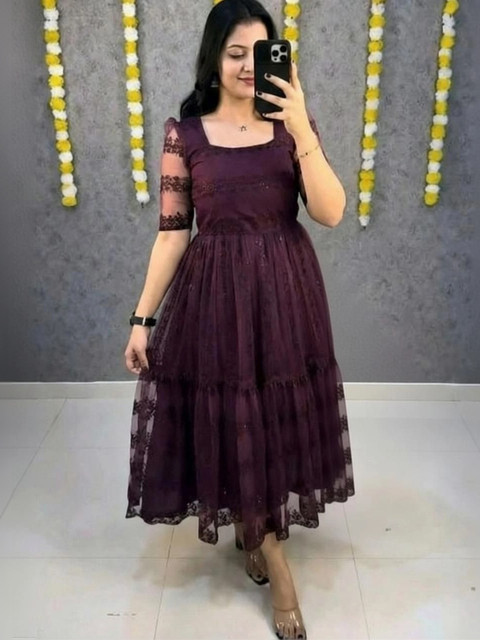 JAYAABEE Floral Embroidered Net Fit & Flare Midi Dress