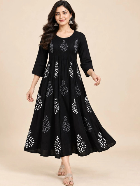 QENA Ethnic Motifs Print Ethnic A-Line Midi Dress