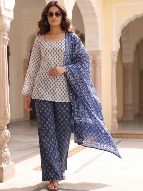ASPORA Women Ethnic Motifs Printed Regular Pure Cotton Kurta with Palazzos & With Dupatta - Image 3