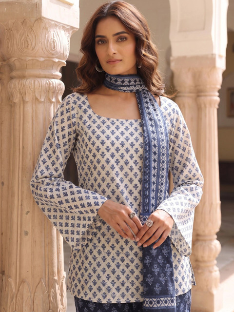 ASPORA Women Ethnic Motifs Printed Regular Pure Cotton Kurta with Palazzos & With Dupatta - Image 4