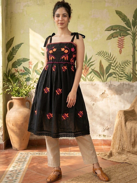 Sangria Floral Embroidered A-Line Dress
