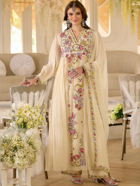 BRILLIANCE Women Floral Embroidered Empire Thread Work Kurta with Palazzos & With Dupatta