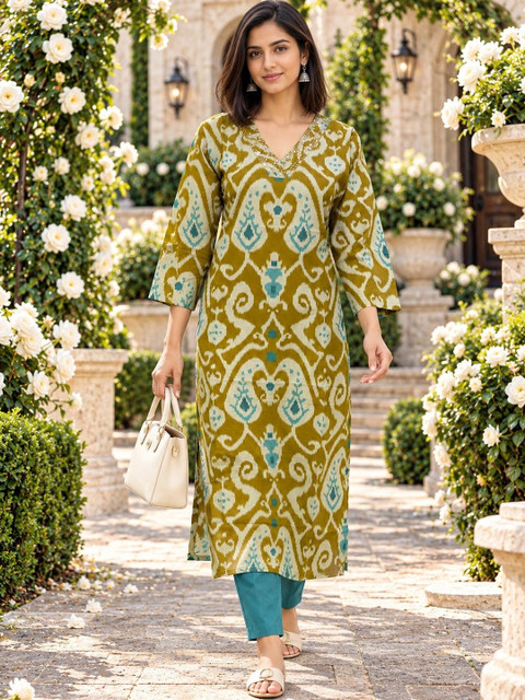 KALINI Women Ethnic Motifs Printed Thread Work Indie Prints Kurta