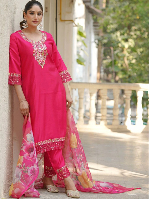 CLOTHBABA Women Floral Embroidered Regular Pure Silk Kurta Trousers With Dupatta