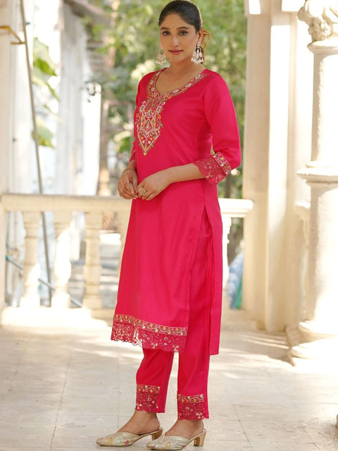 CLOTHBABA Women Floral Embroidered Regular Pure Silk Kurta Trousers With Dupatta - Image 5