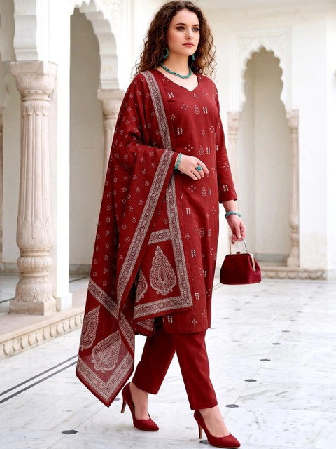 all about you Women Ethnic Motifs Printed Regular Kurta with Trousers & With Dupatta - Image 3