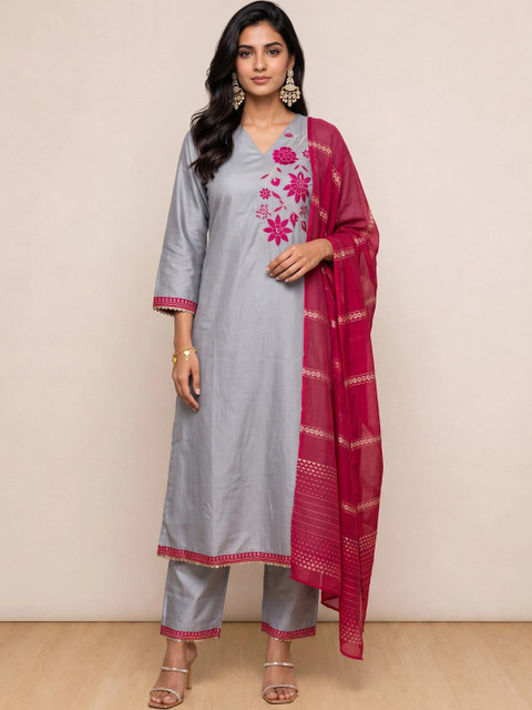 Sangria Women Ethnic Motifs Embroidered Regular Thread Work Kurta with Trousers & Dupatta