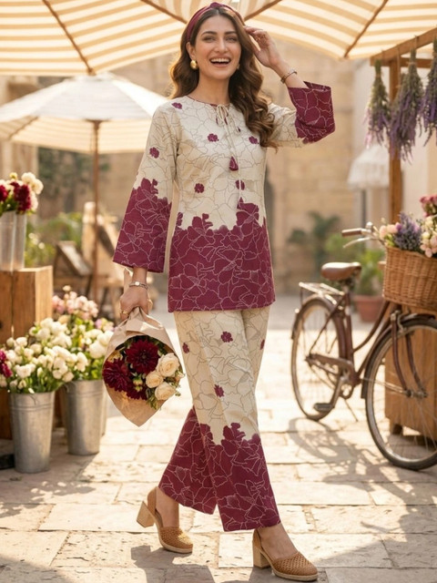 ZIVRAA Romantic Florals Printed Top with Trousers