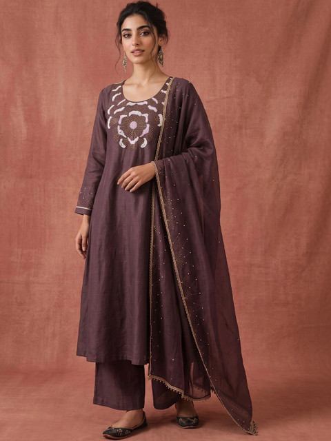 SACi Women Ethnic Motifs Regular Sequinned Kurta with Palazzos & With Dupatta