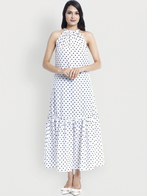 SHEEWAY Polka Dot Print Halter Neck A-Line Maxi Dress