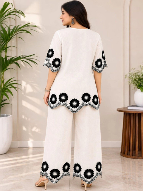 Darshan Style Hub Romantic Florals Linen Embroidered Tunic with Palazzos - Image 4