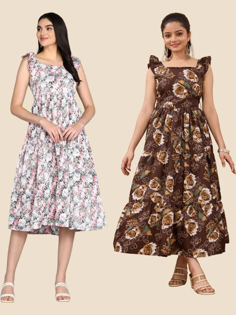 SELVIFAB Floral Print Puff Sleeve Crepe Fit & Flare Dress