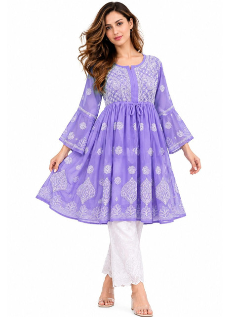 MRS RIGHT Ethnic Motifs Embroidered Bell Sleeve Georgette A-Line Dress