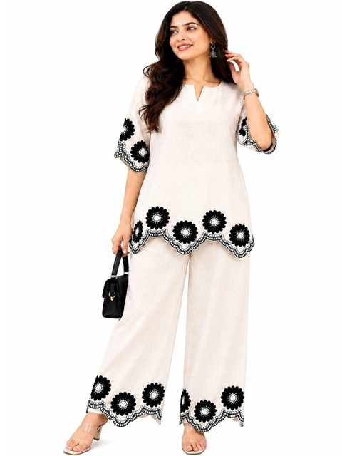Darshan Style Hub Romantic Florals Linen Embroidered Tunic with Palazzos