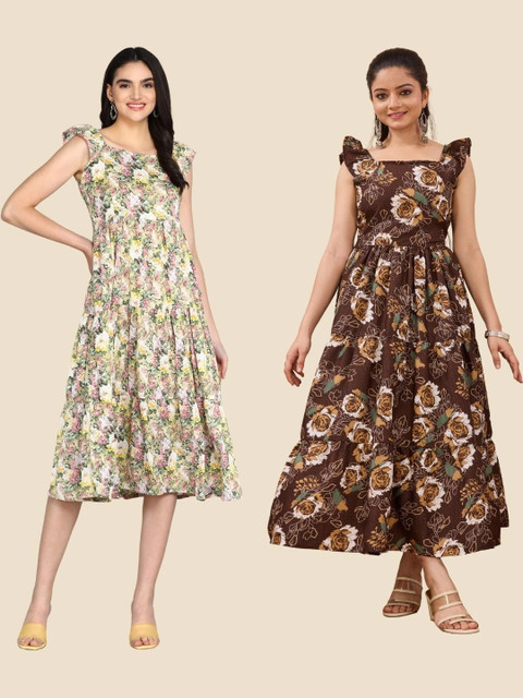 SELVIFAB Floral Print Flared Sleeve Ruffled Crepe A-Line Midi Dress